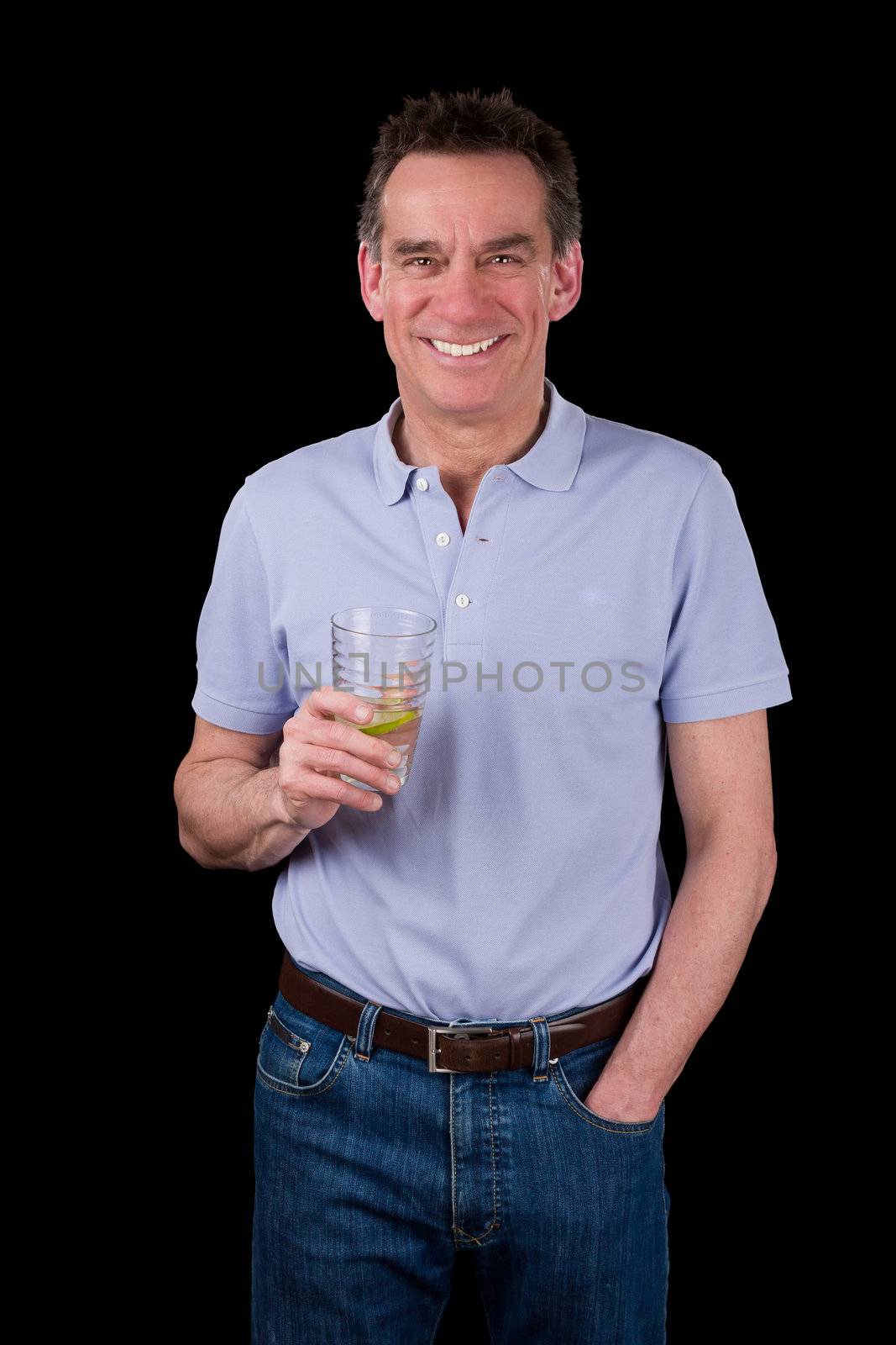 Happy Grinning Middle Age  Man Toasting with a Drink Black Background