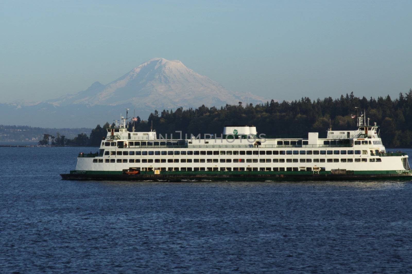 Ferry in Puget Sound with Mt. Rainier in the background.