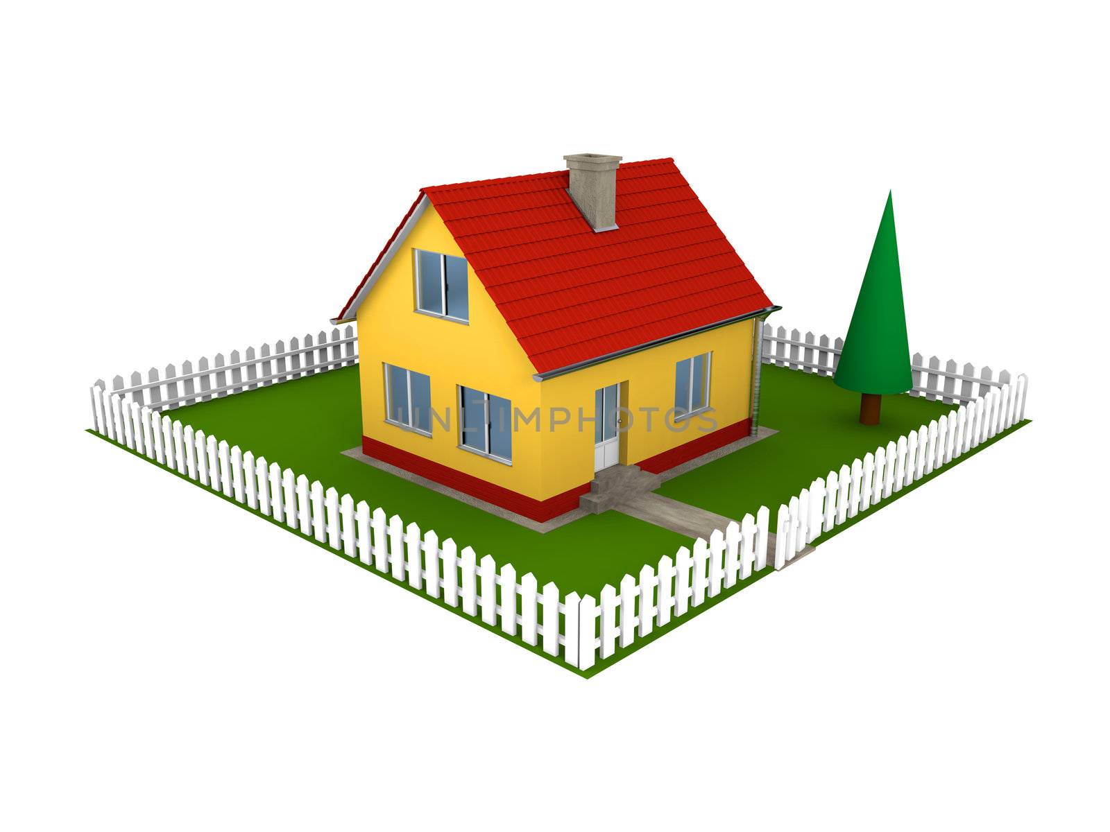 Illustration of small family house with red roof and green yard with white fence