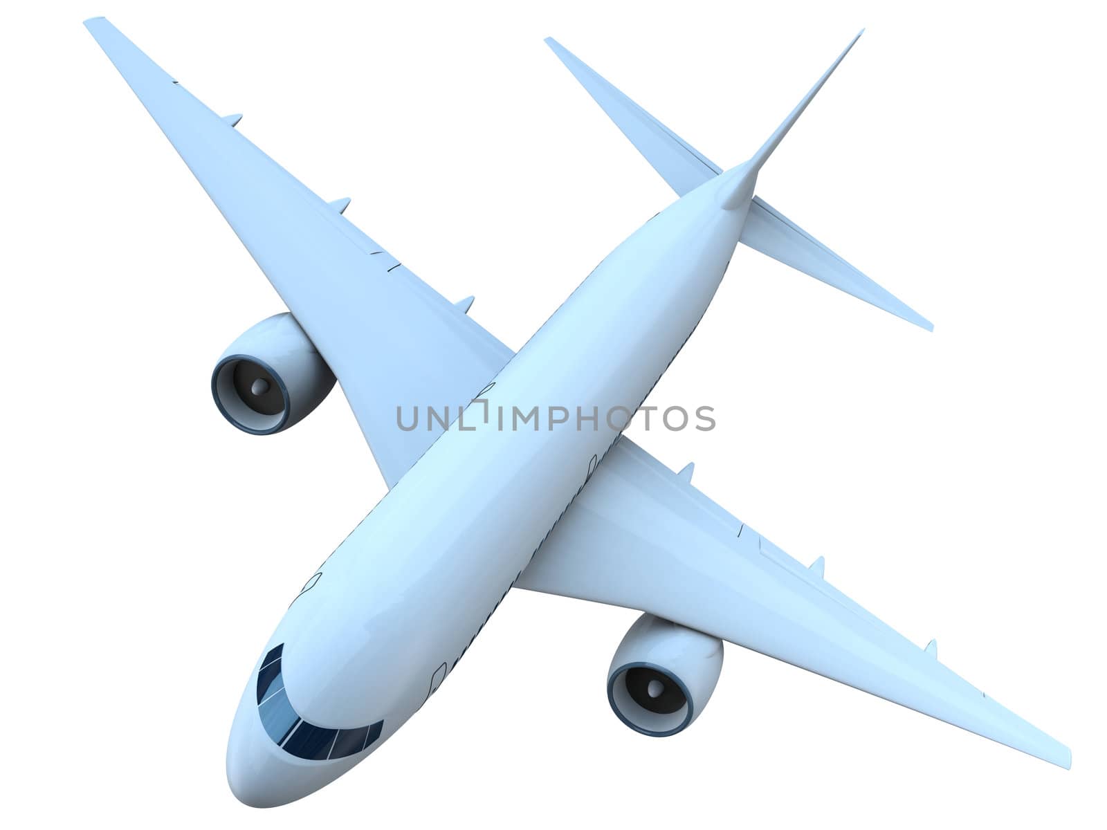 Top view of a flying passenger aircraft isolated on white background