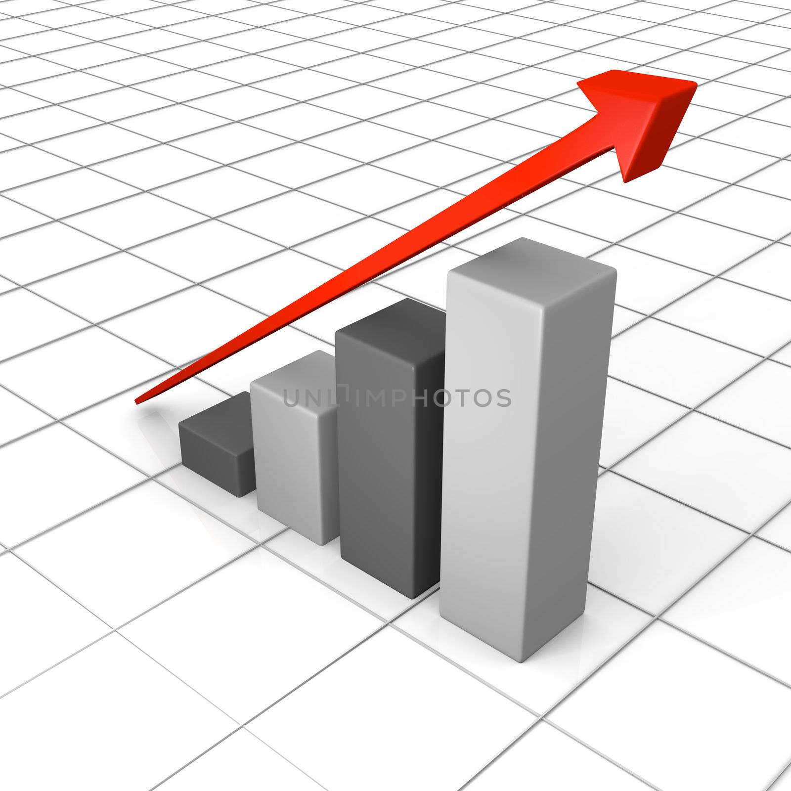 3D illustration of growth chart with linear red trend line