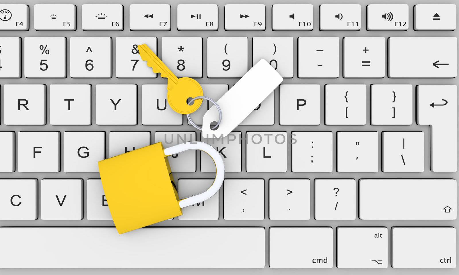 3D illustration of golden key with empty tag and lock on keyboard