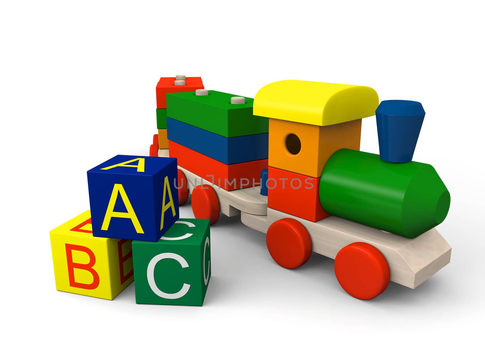 3D illustration of colorful wooden toy train and blocks with letters of alphabet