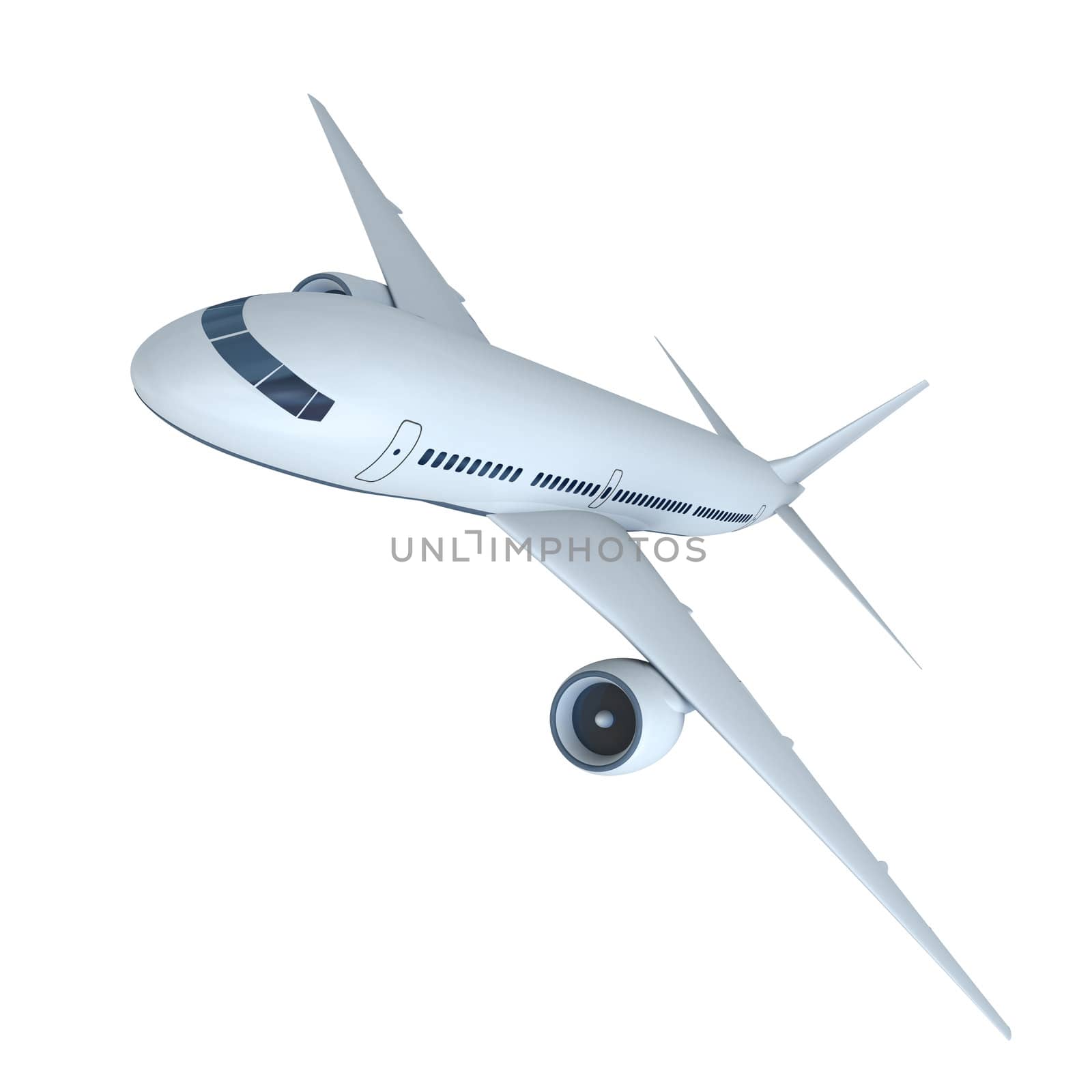 3D model of flying passenger aircraft isolated on white background