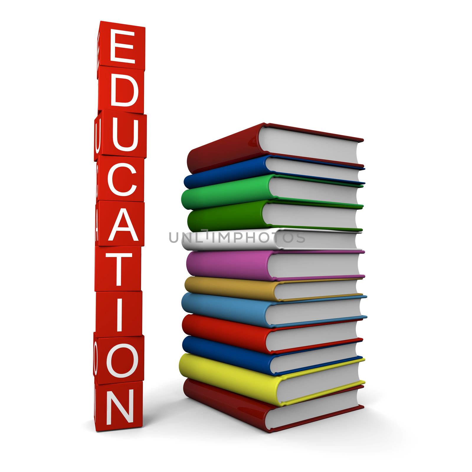 Concept of education with pile of colorful books and education sign made of red blocks
