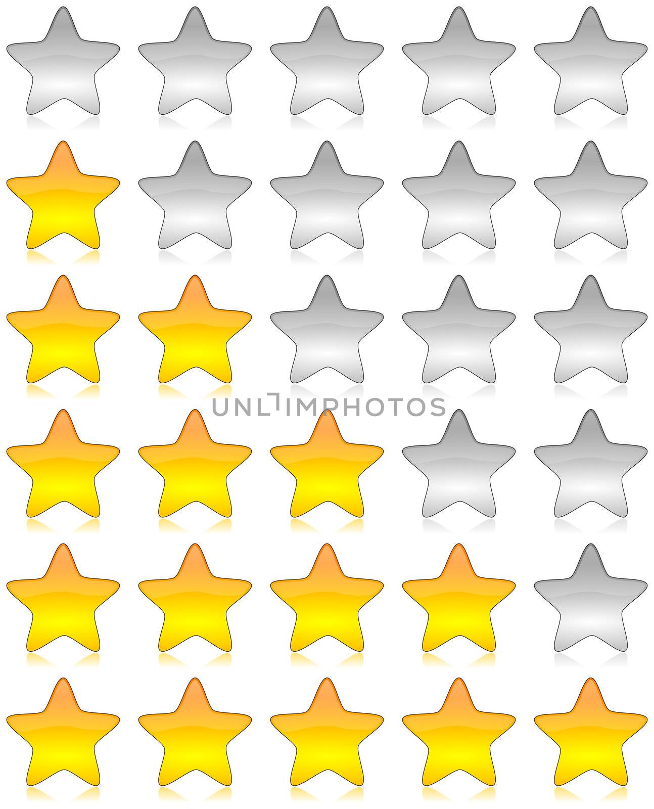 Yellow and white glossy stars icon set for rating and survey