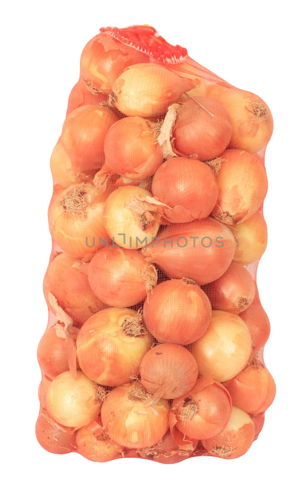 the red vertical standing string bag of bright yellow onions isolated over white 