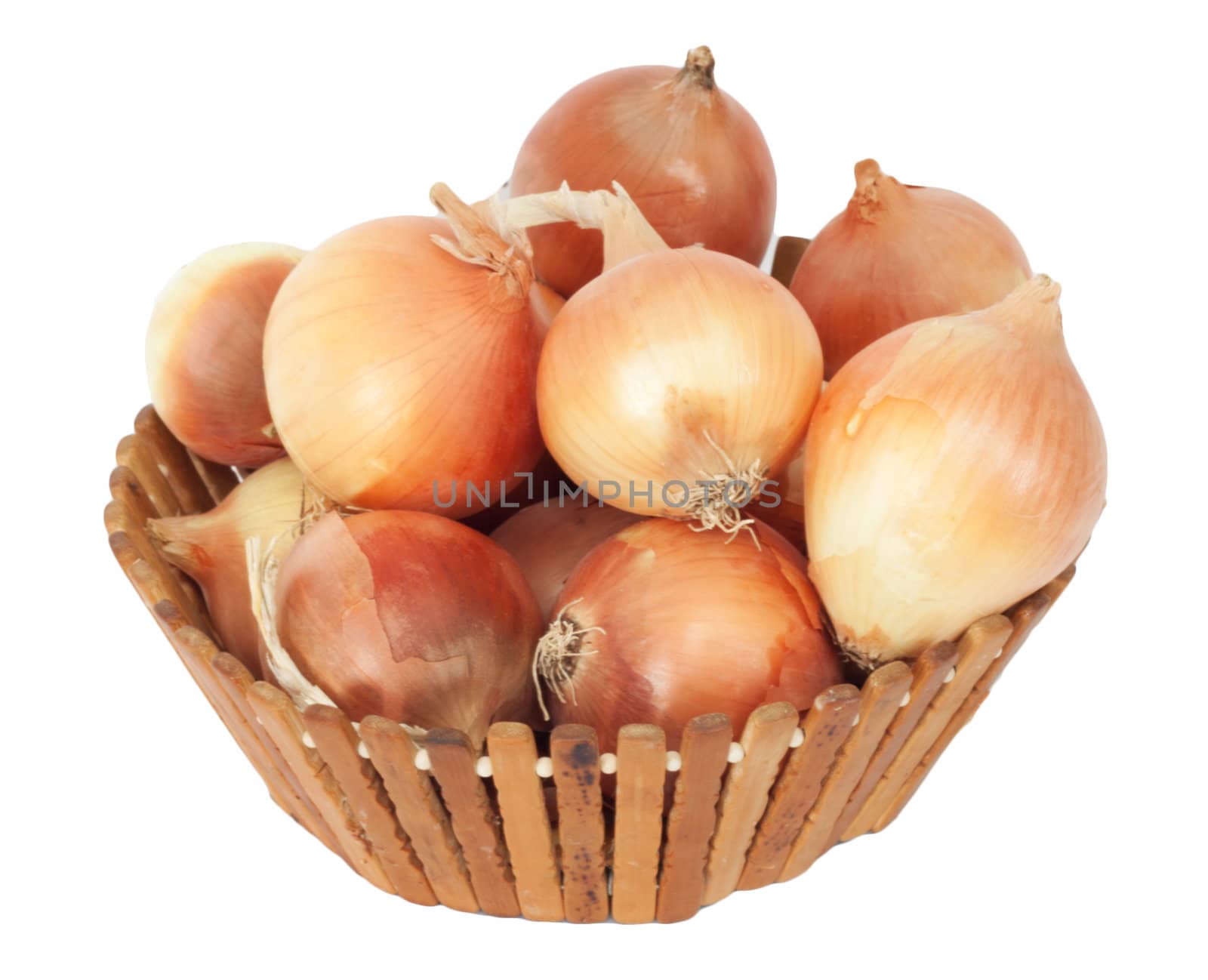 Mellow onions in wooden basket on a white background 