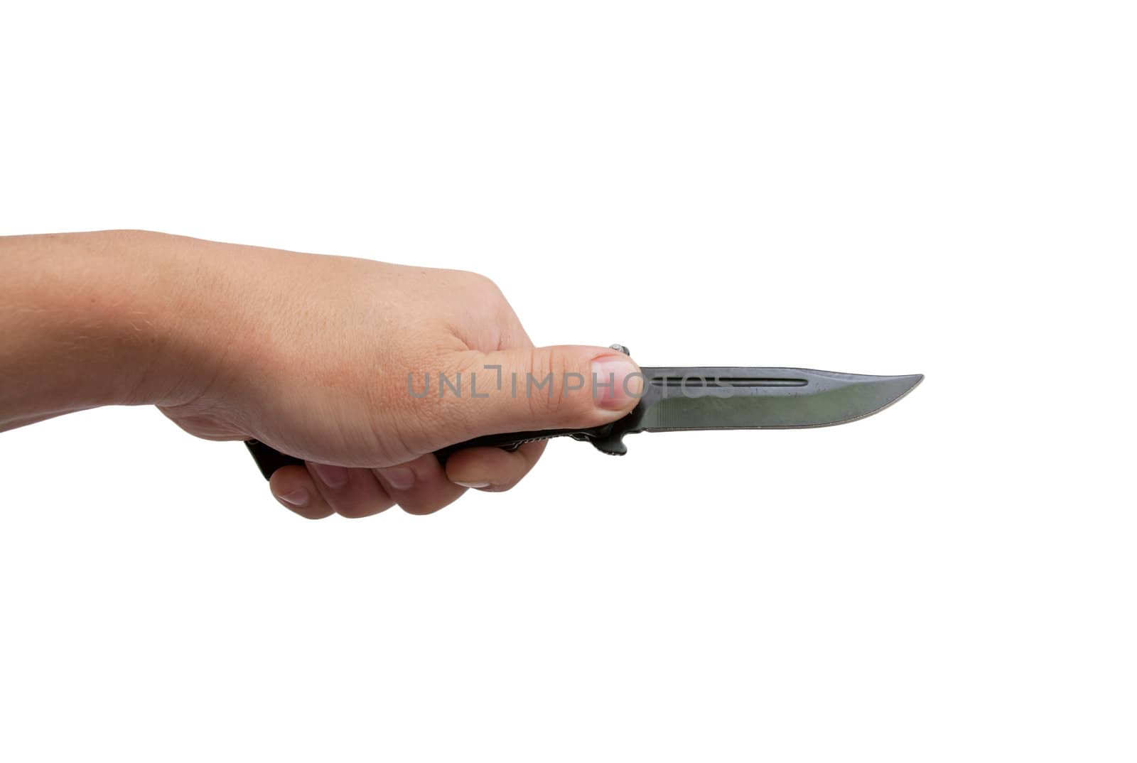 black knife in his hand on a white background