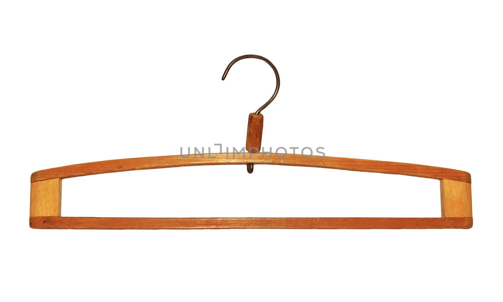 Wooden hanger, it is isolated on a white background 