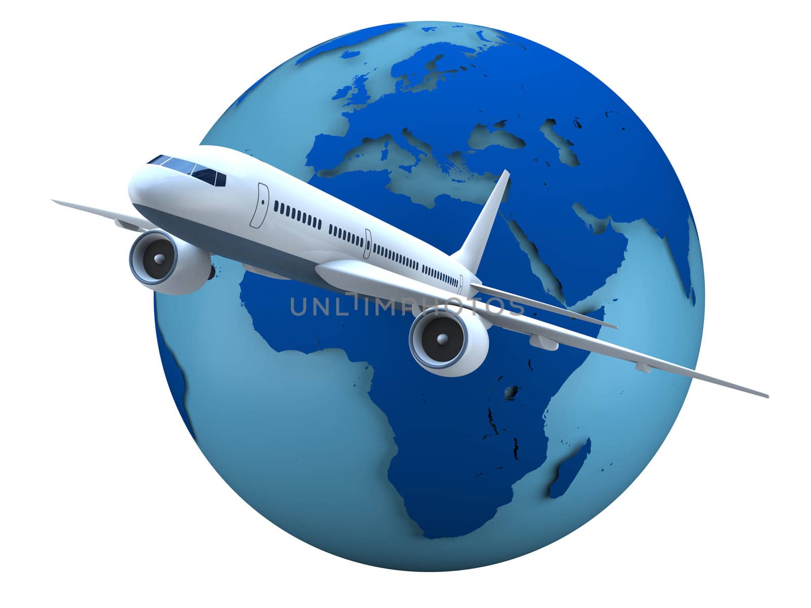 Concept of flying passenger aircraft with model of Earth in the background isolated on white background. Map of Earth provided by visibleearth.nasa.gov