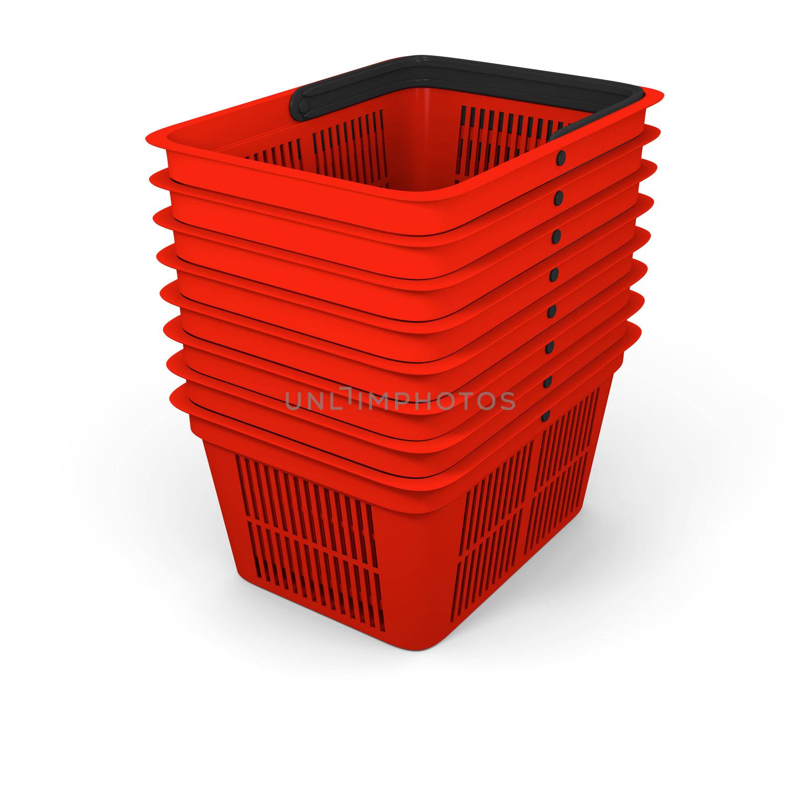 3D illustration of pile of red plastic shopping baskets