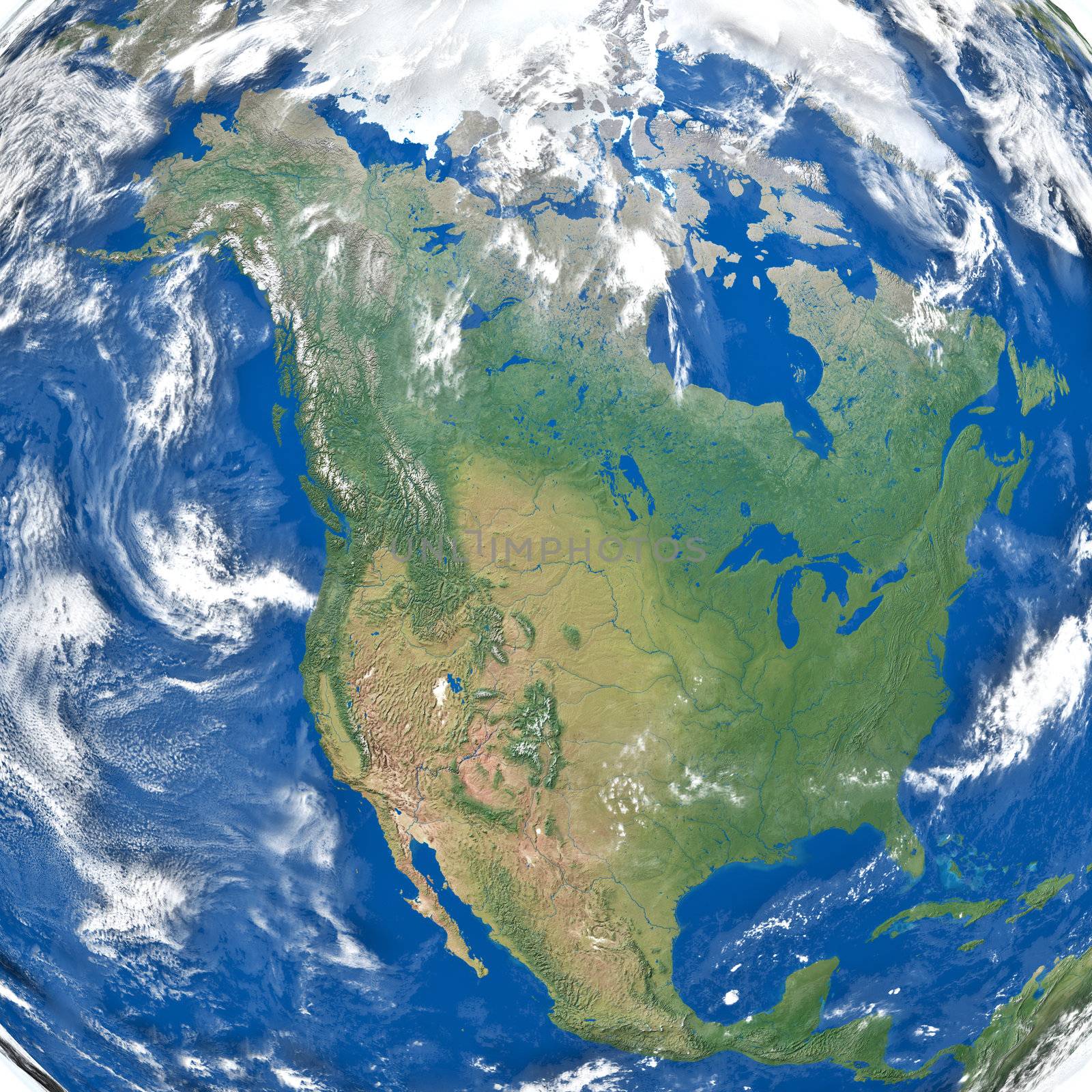 Detailed illustration of North America. Texture of the Earth surface, relief and clouds provided by visibleearth.nasa.gov
