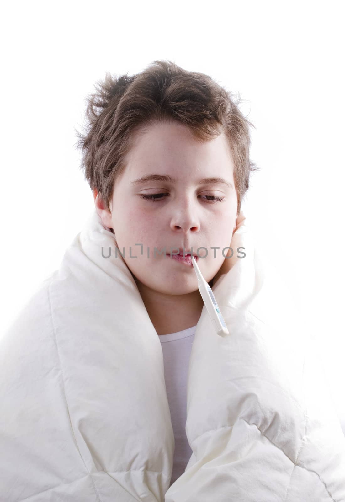 blond child sick with fever, with digital thermometer
