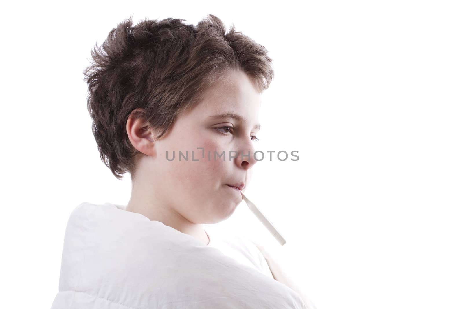Young patient with fever in profile, with digital thermometer an by FernandoCortes