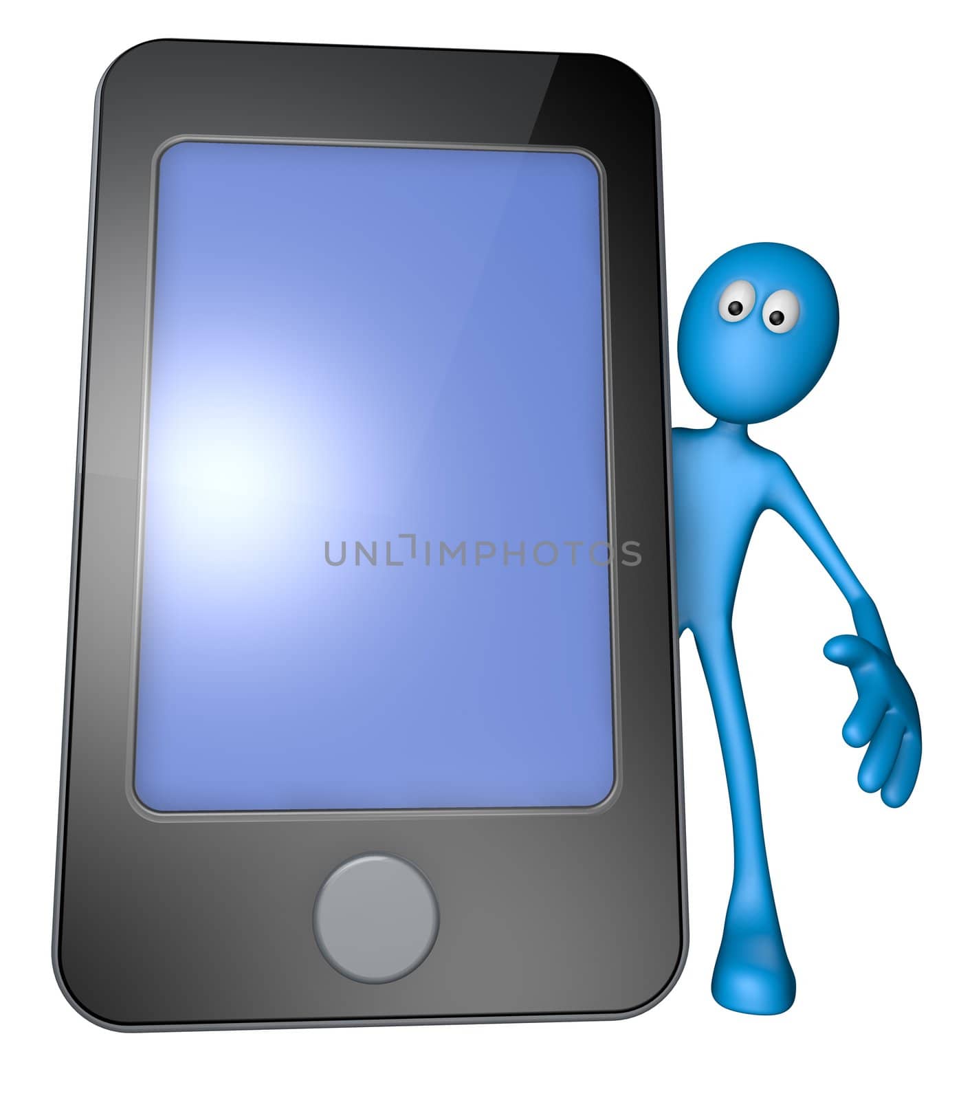 blue guy behind smartphone - 3d illustration