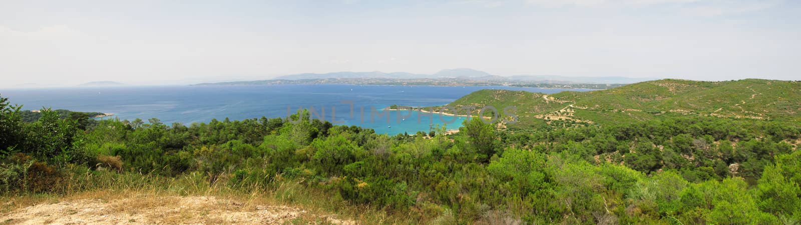 Panorama view of mountains and sea from the island of spetses in Greece, 
