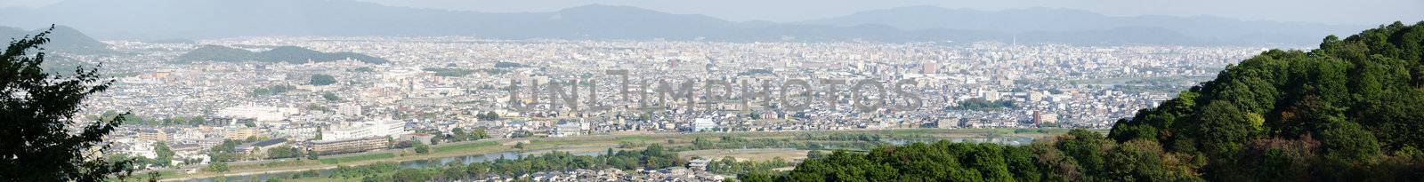 Panorama view of Arashiyama, Kyoto, Japan from a surrounding mountain