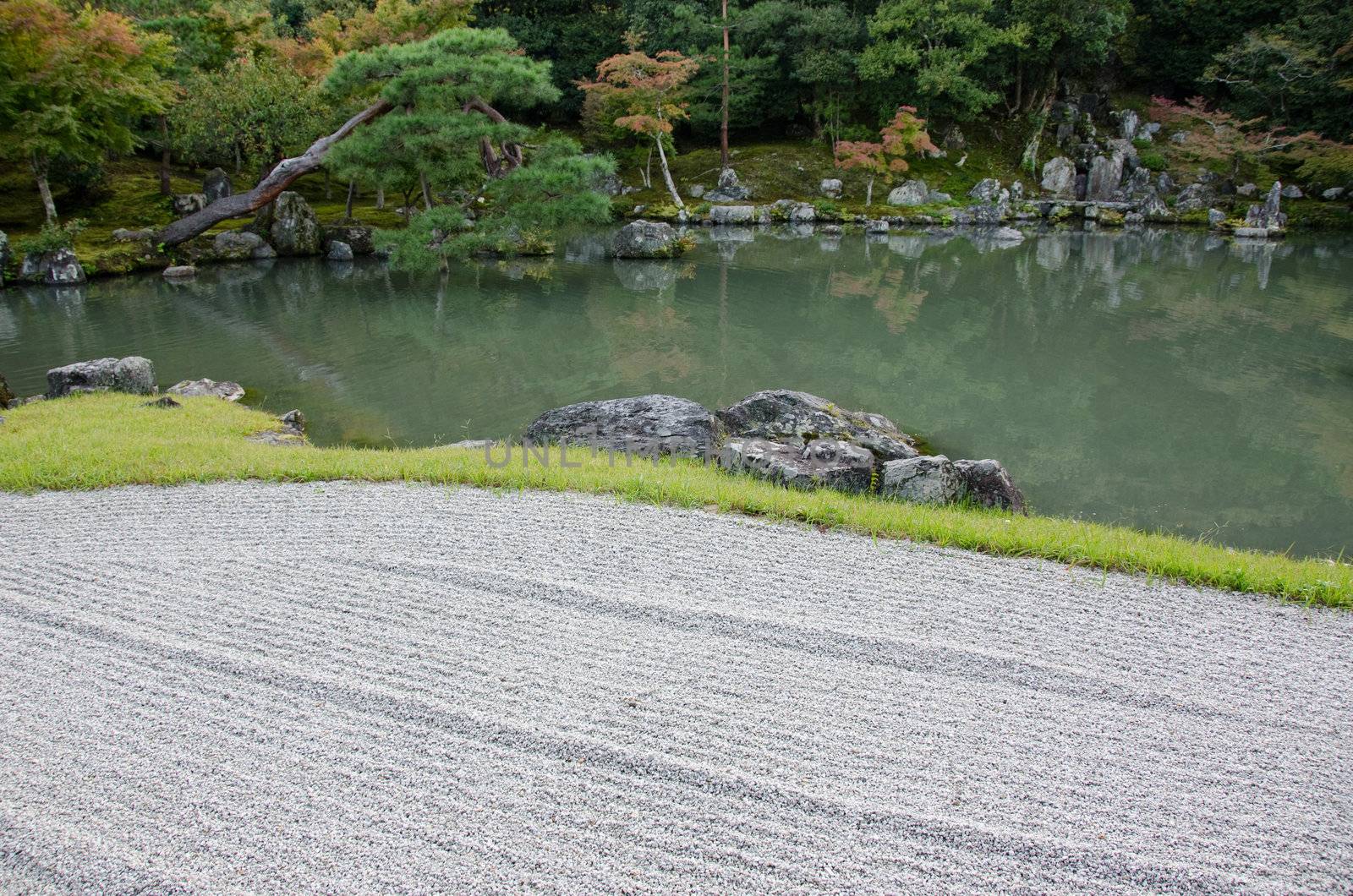Japanese garden with lake and stone field
