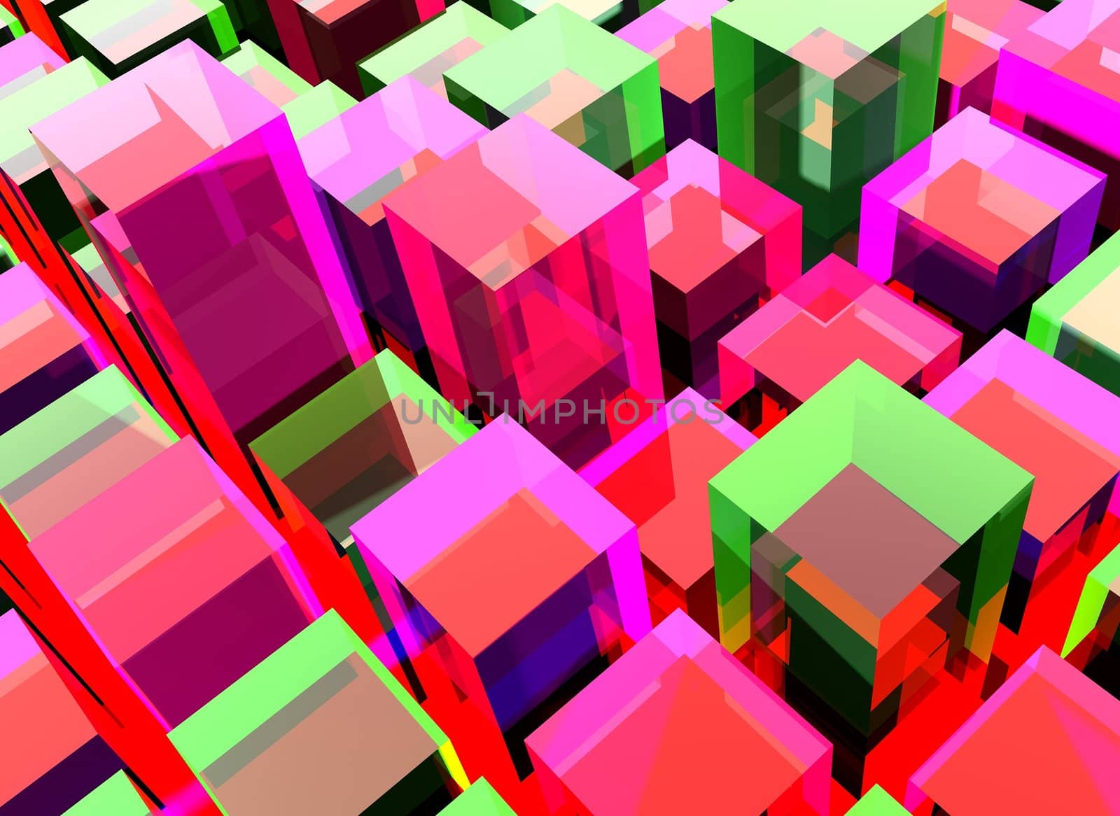 Conceptual abstract background consisting of cubes fulfilling whole area of view. Concept is rendered with slight reflections. Cubes are portrayed in various sizes and mostly in red to pink color blending with slight green reflections.