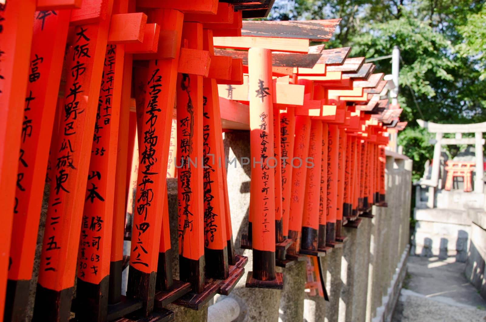 Small torii gates at the fushimi inari shrine in kyoto