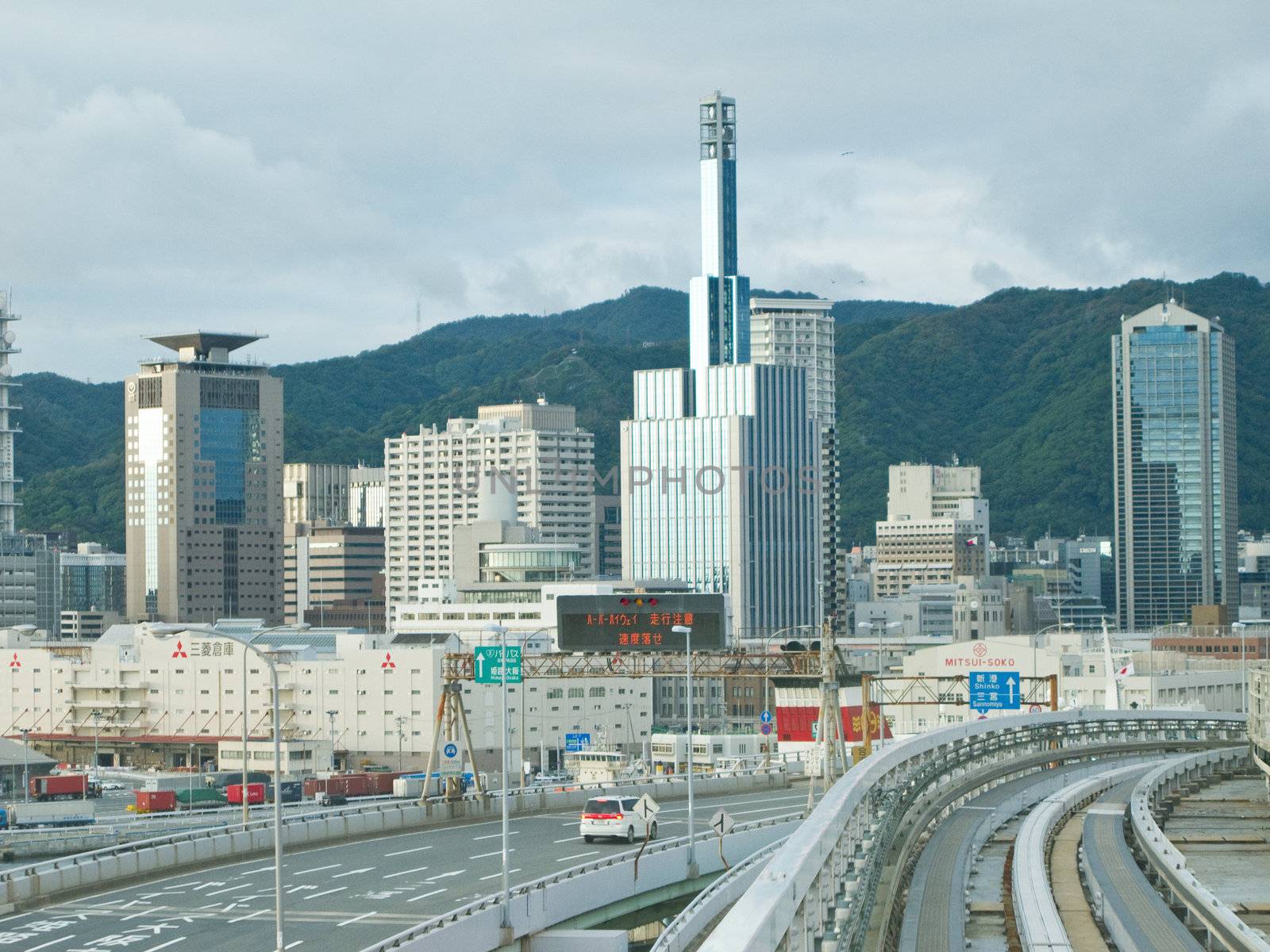 Kobe portliner train tracks seen from inside the train