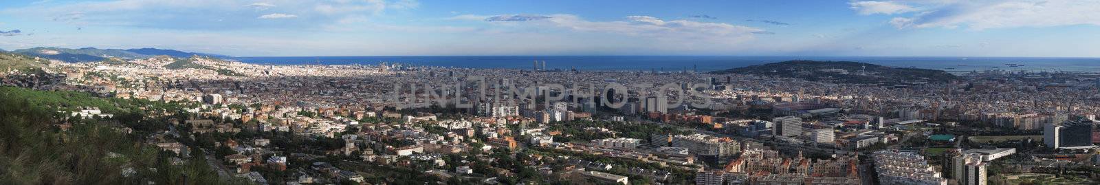 Panoramic view on Barcelona from the mountains towards the sea