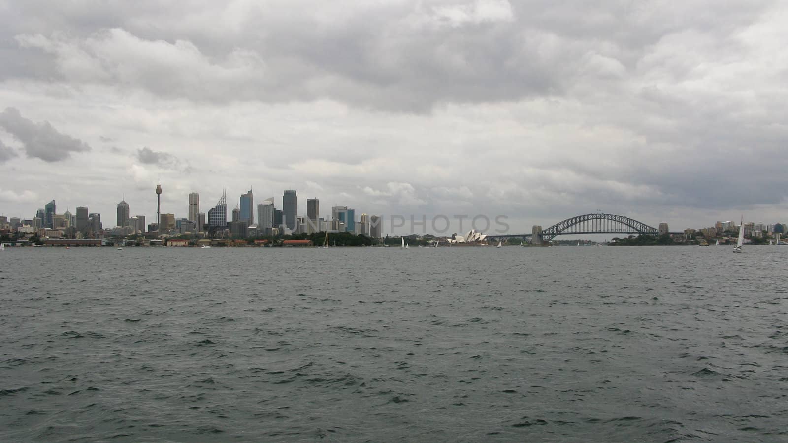 view of the Sydney skyline with skyscrapers, habor bridge, opera, australia