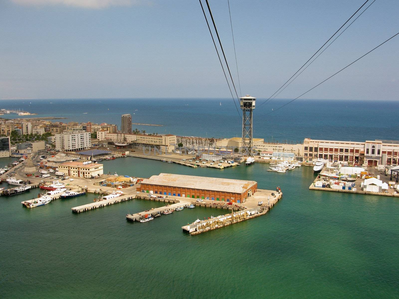 Port Vell harbor area in Barcelona seen from the aerial tramway