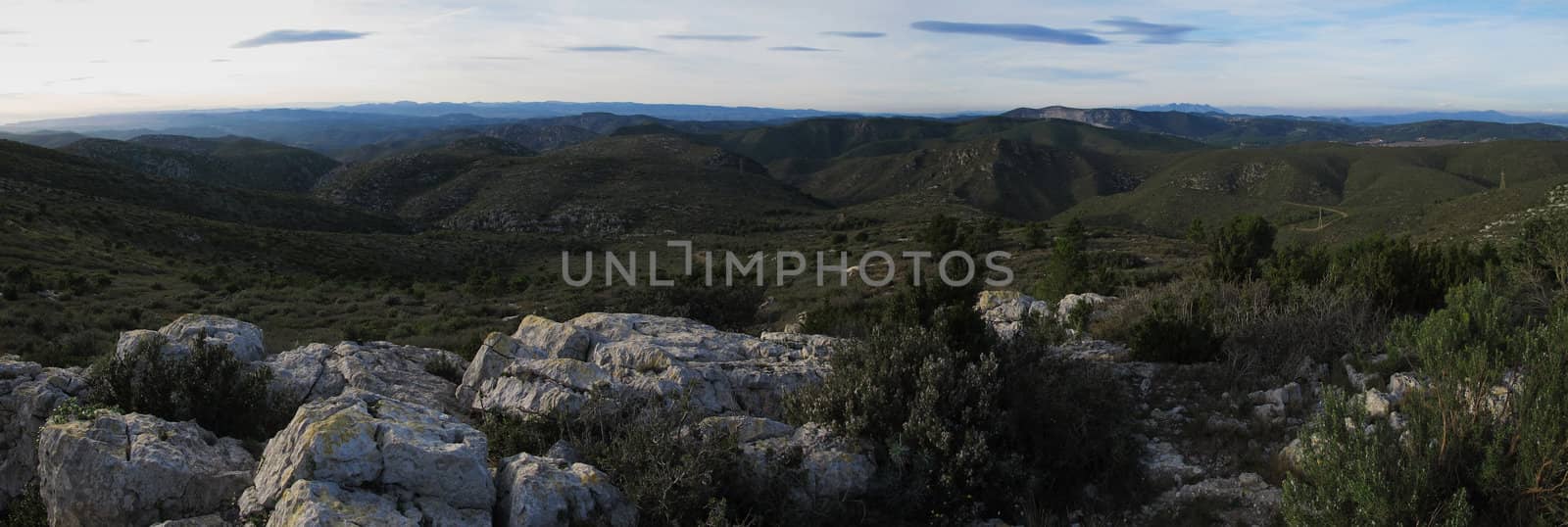 Panorama view from the natural park of Garraf towards mediterranean hills and mountains