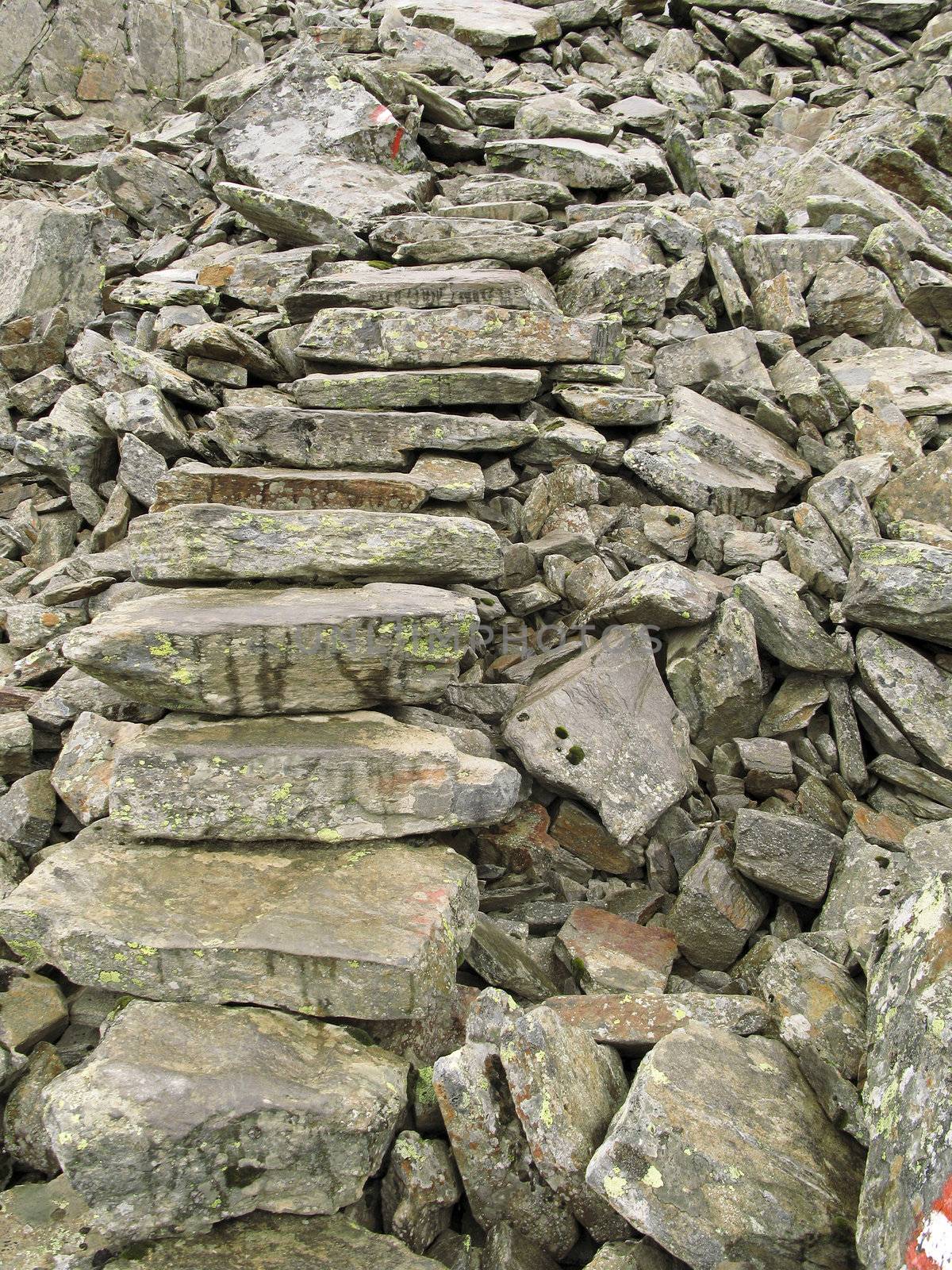 background of a stone field with stairs on a hiking path