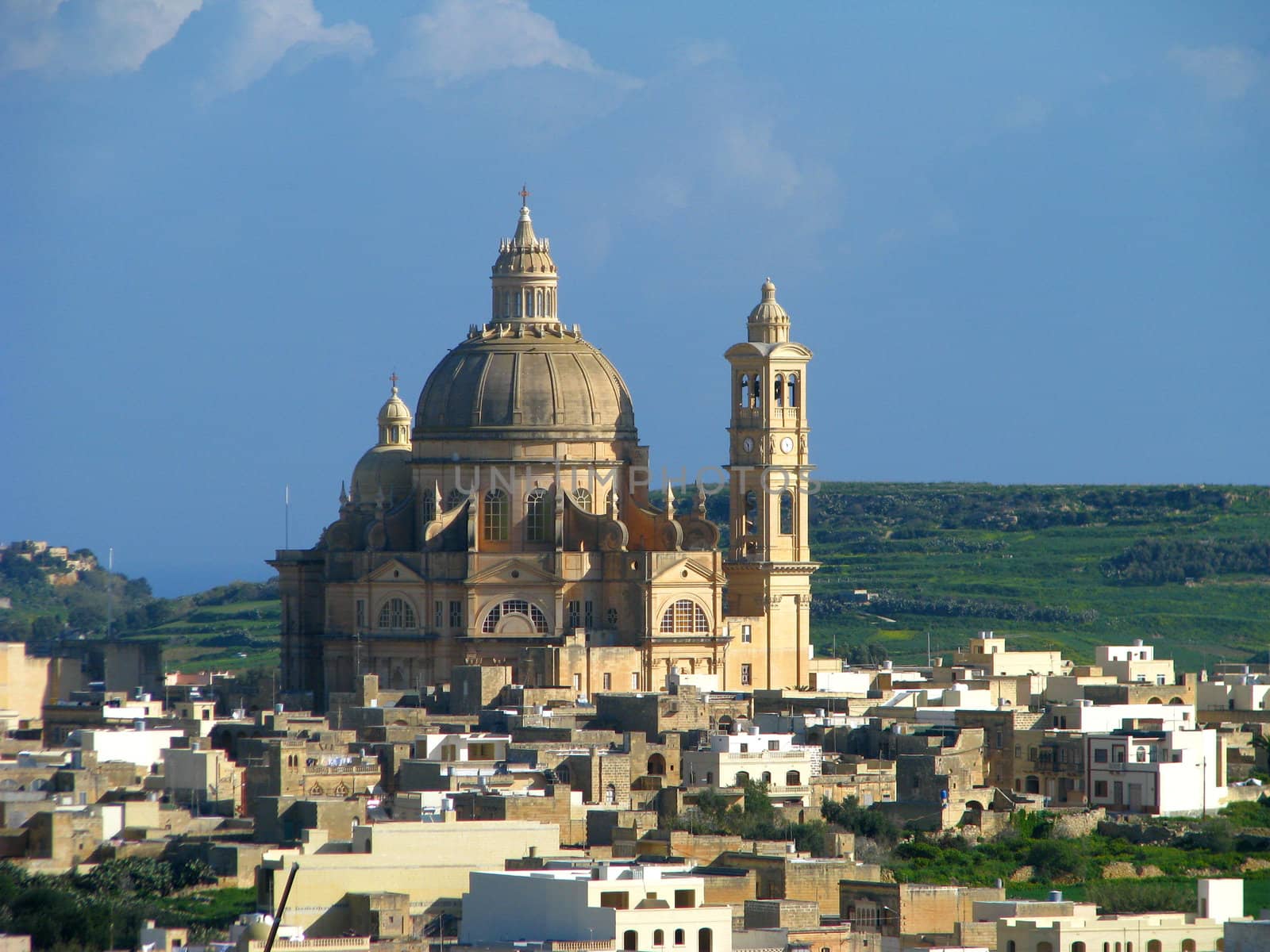 The church and village of Xewkija in Gozo, Malta.