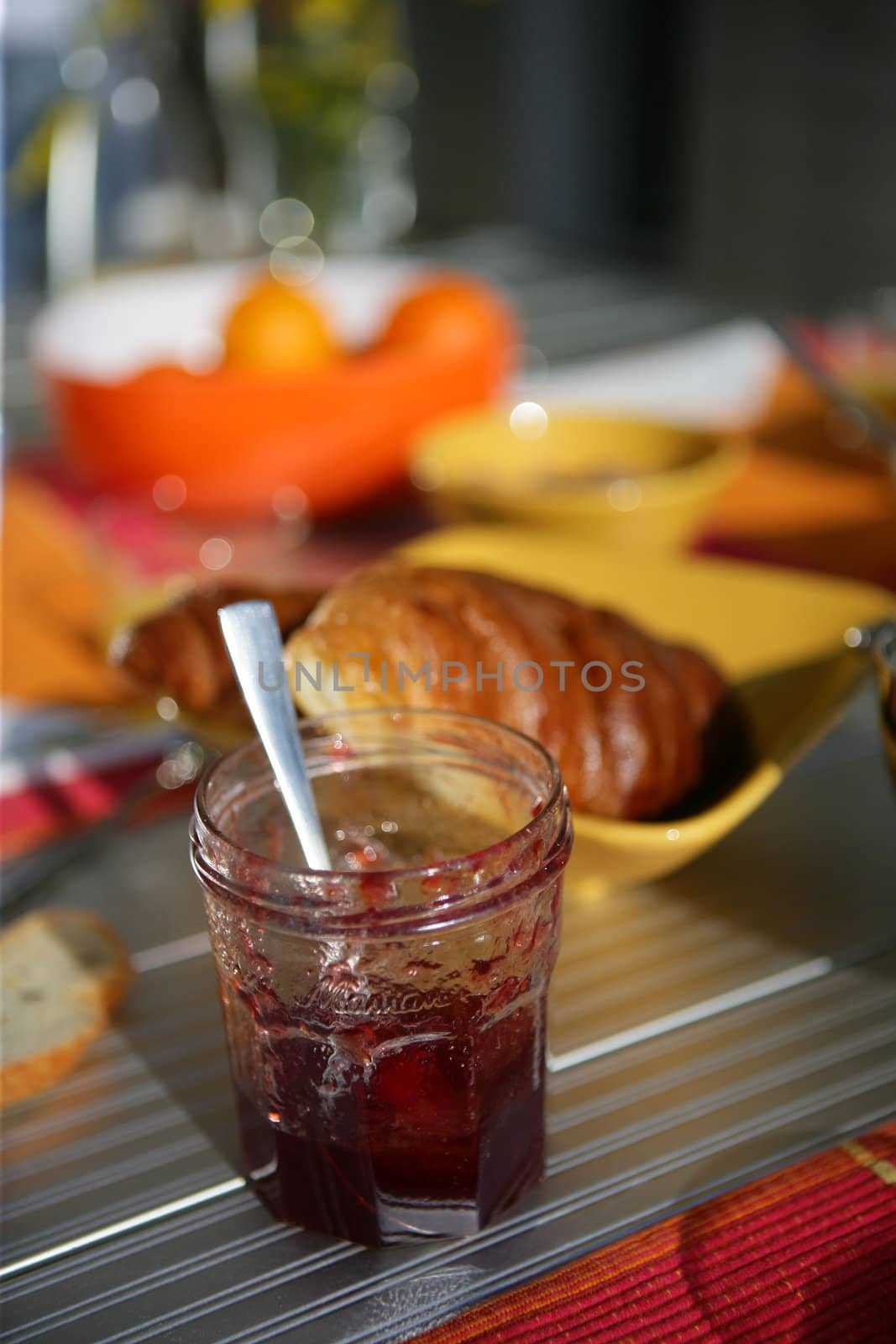 Jam pot on a breakfast table