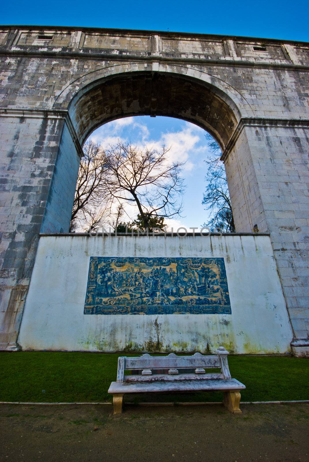 view of the old roman aquaduct in Lisbon