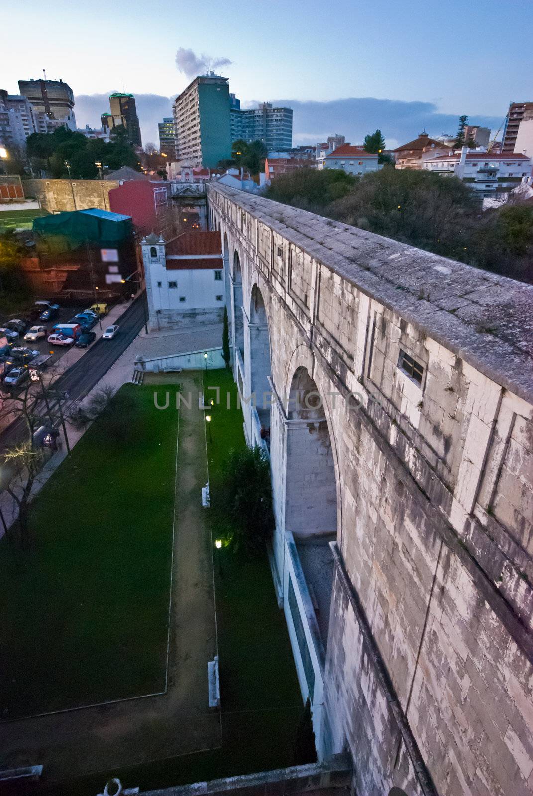 view of the old roman aquaduct in Lisbon