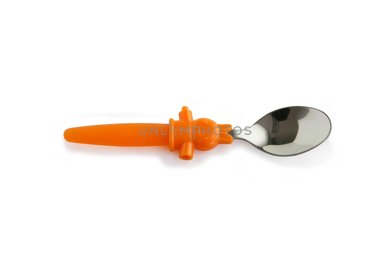Silver spoon with orange plastic handle