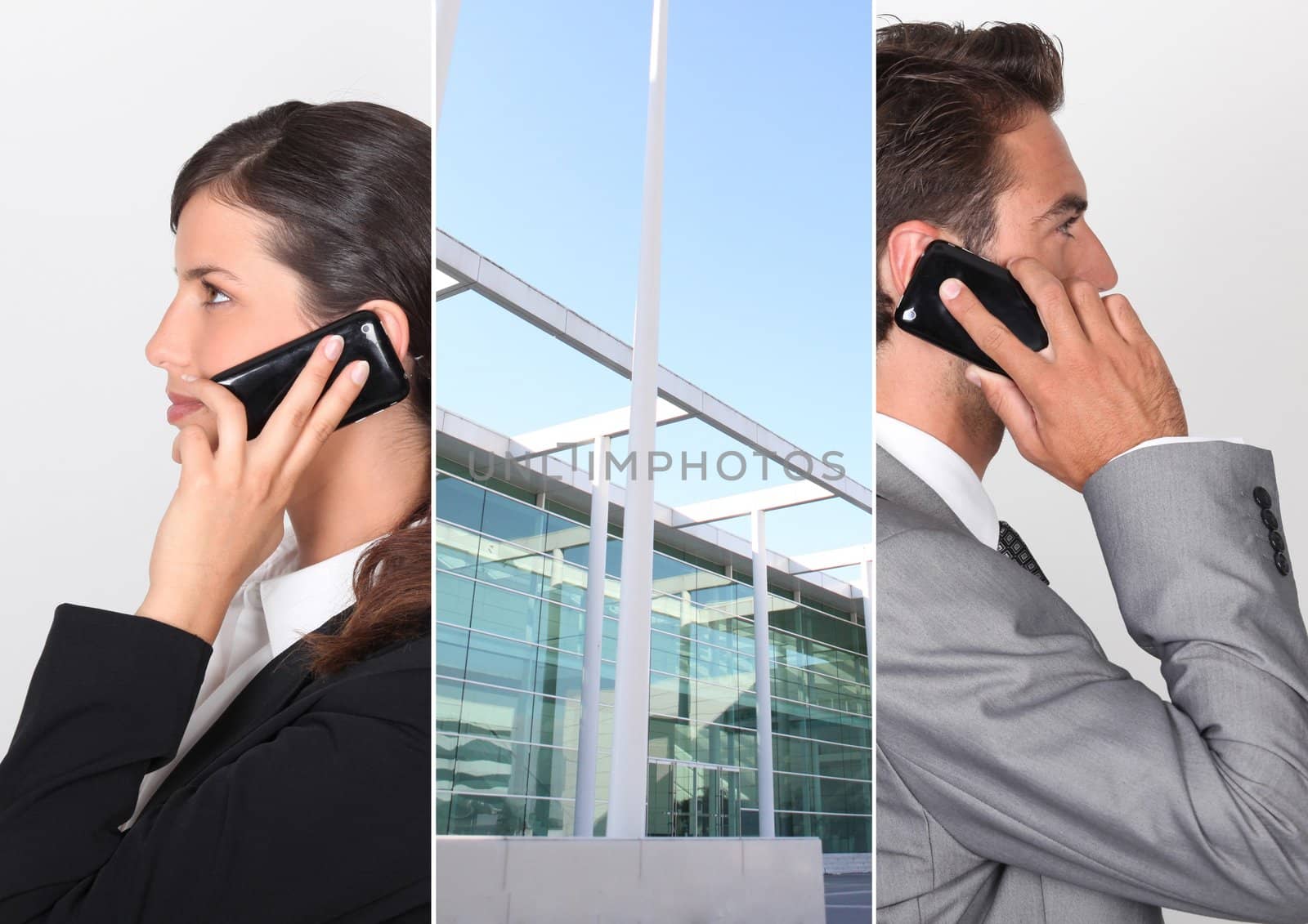 Two businesspeople using their mobile telephones