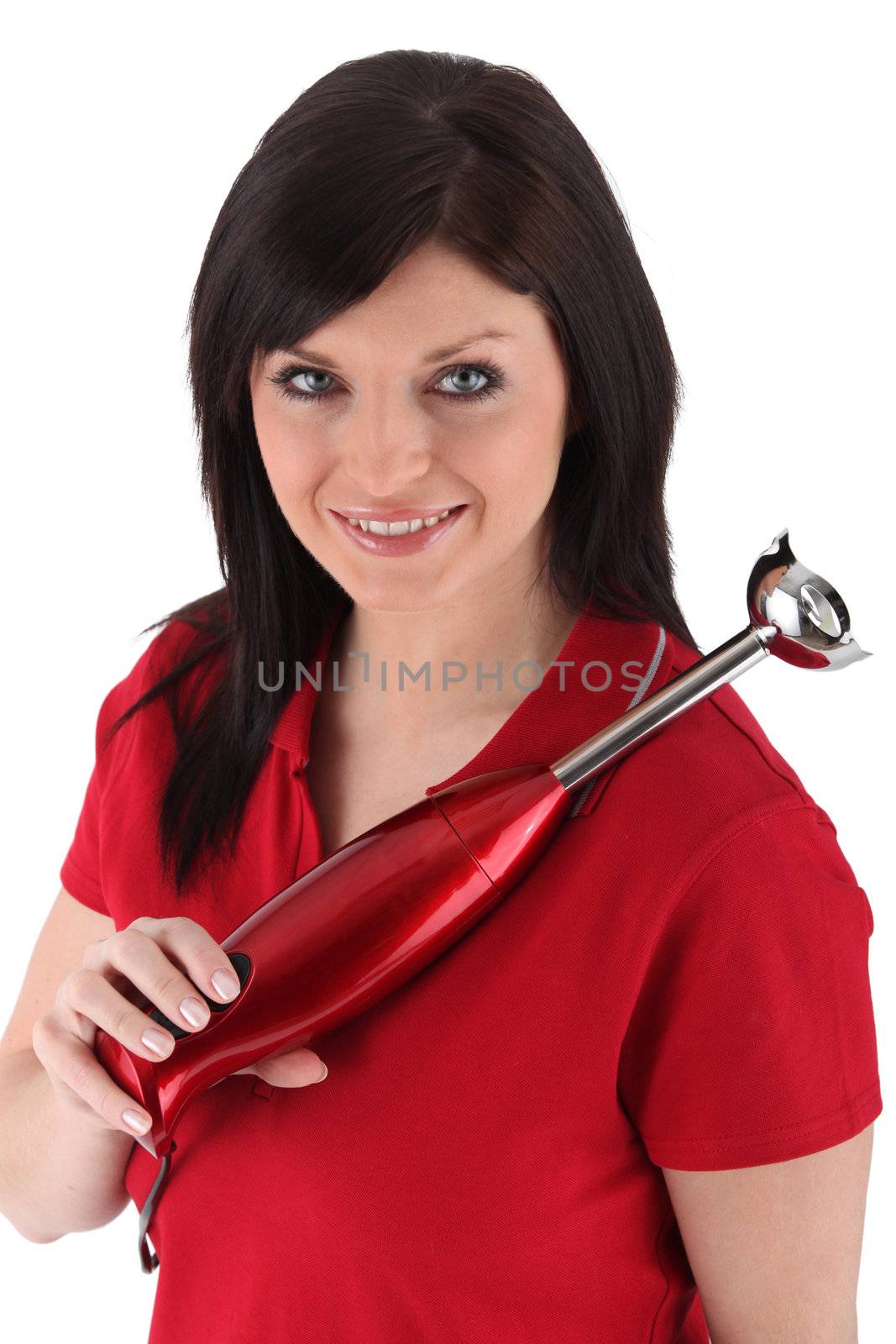 blue-eyed brunette in red polo holding assorted blend by phovoir