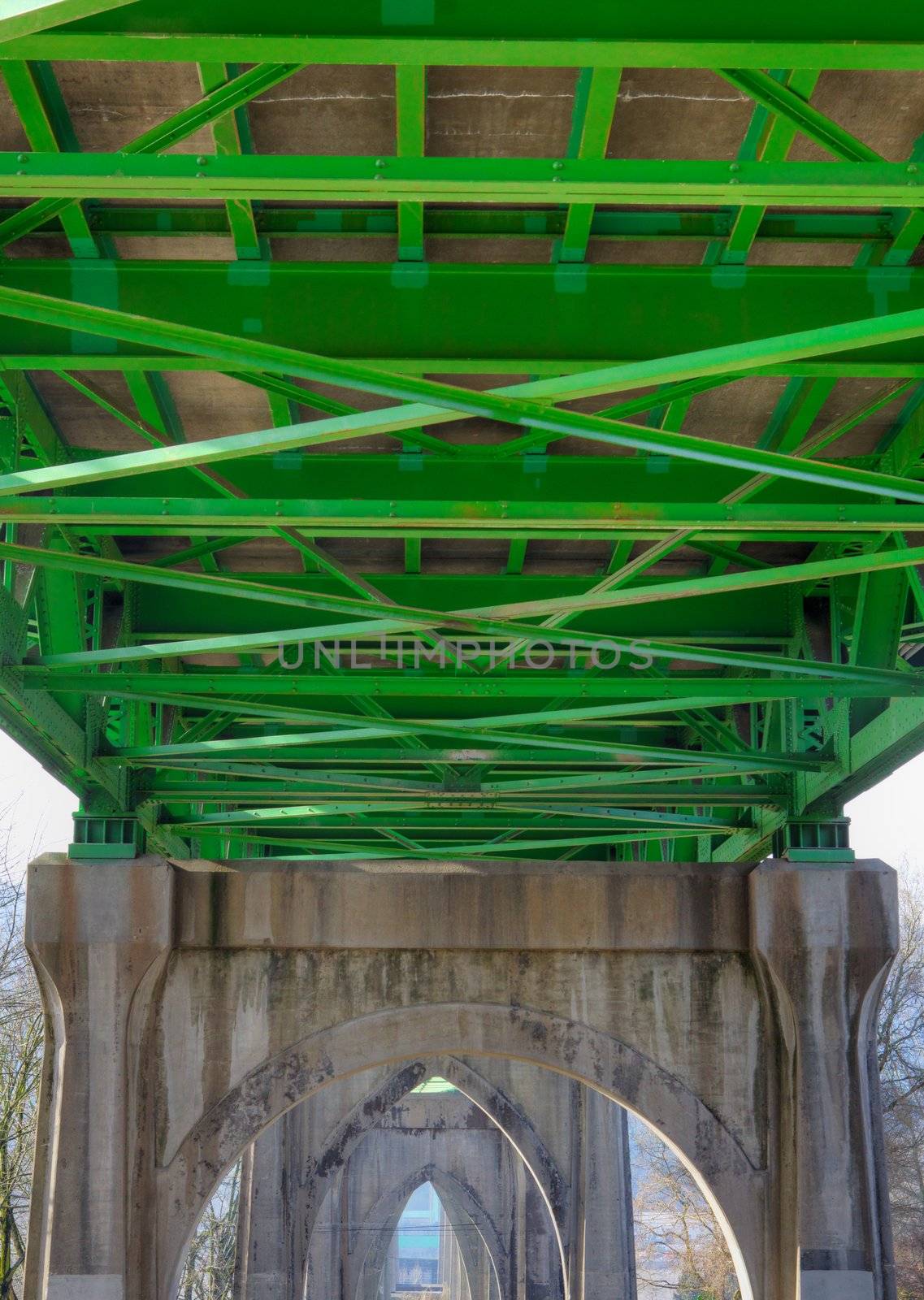 HDR image of the underside steel girder support to St. Johns Bridge in Portland OR