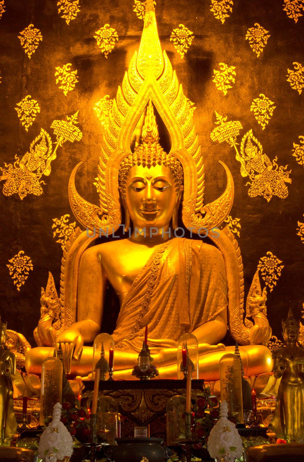 Golden buddha statue image in Phare Temple Thailand