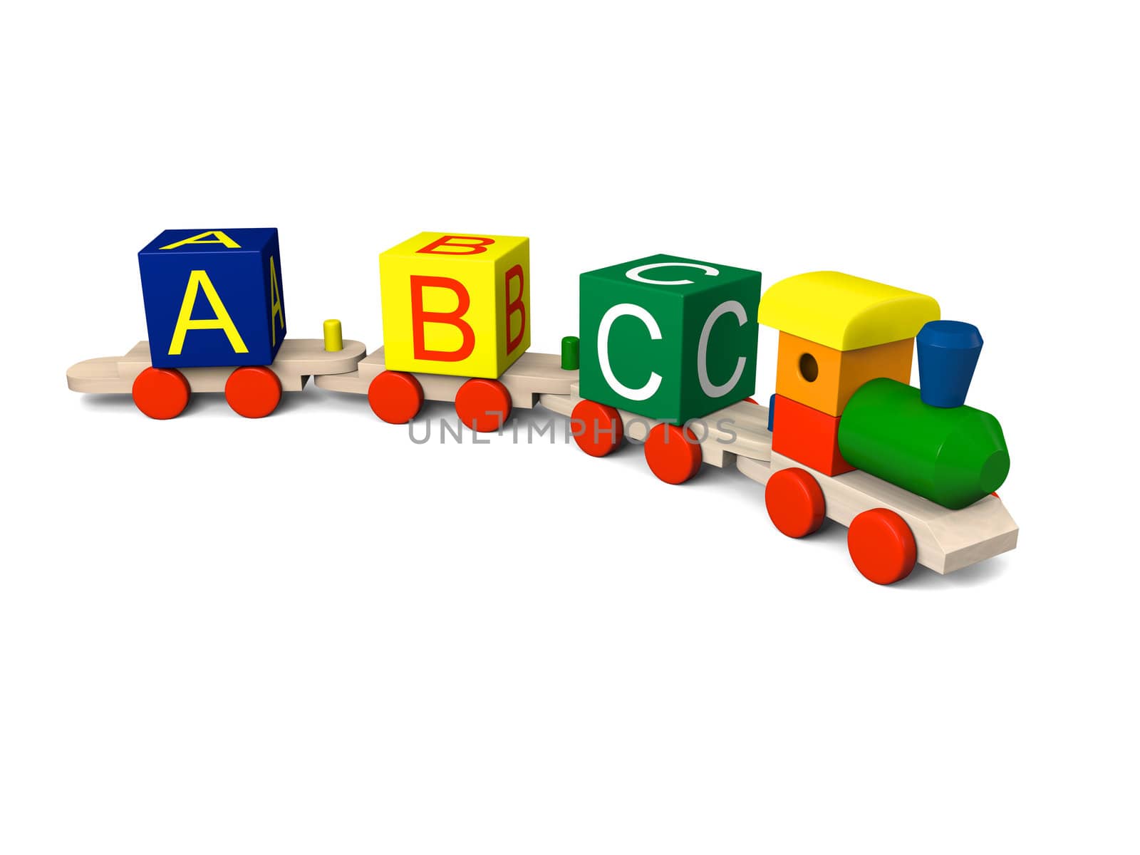 3D illustration of colorful wooden toy train with alphabet letters on the carriages