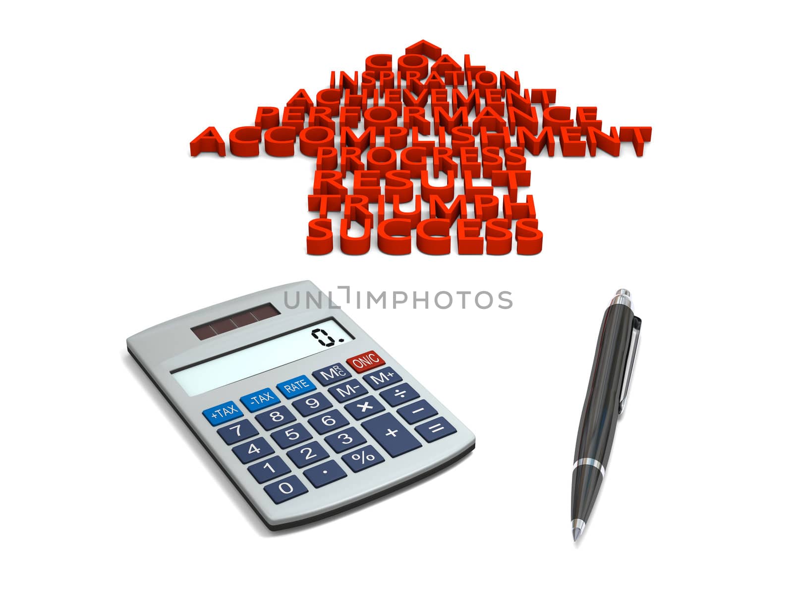 Pointer with success related business words on white background with pen and calculator