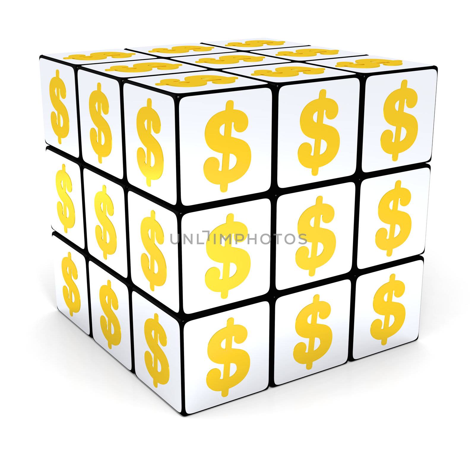 White cube with dollar signs on white background