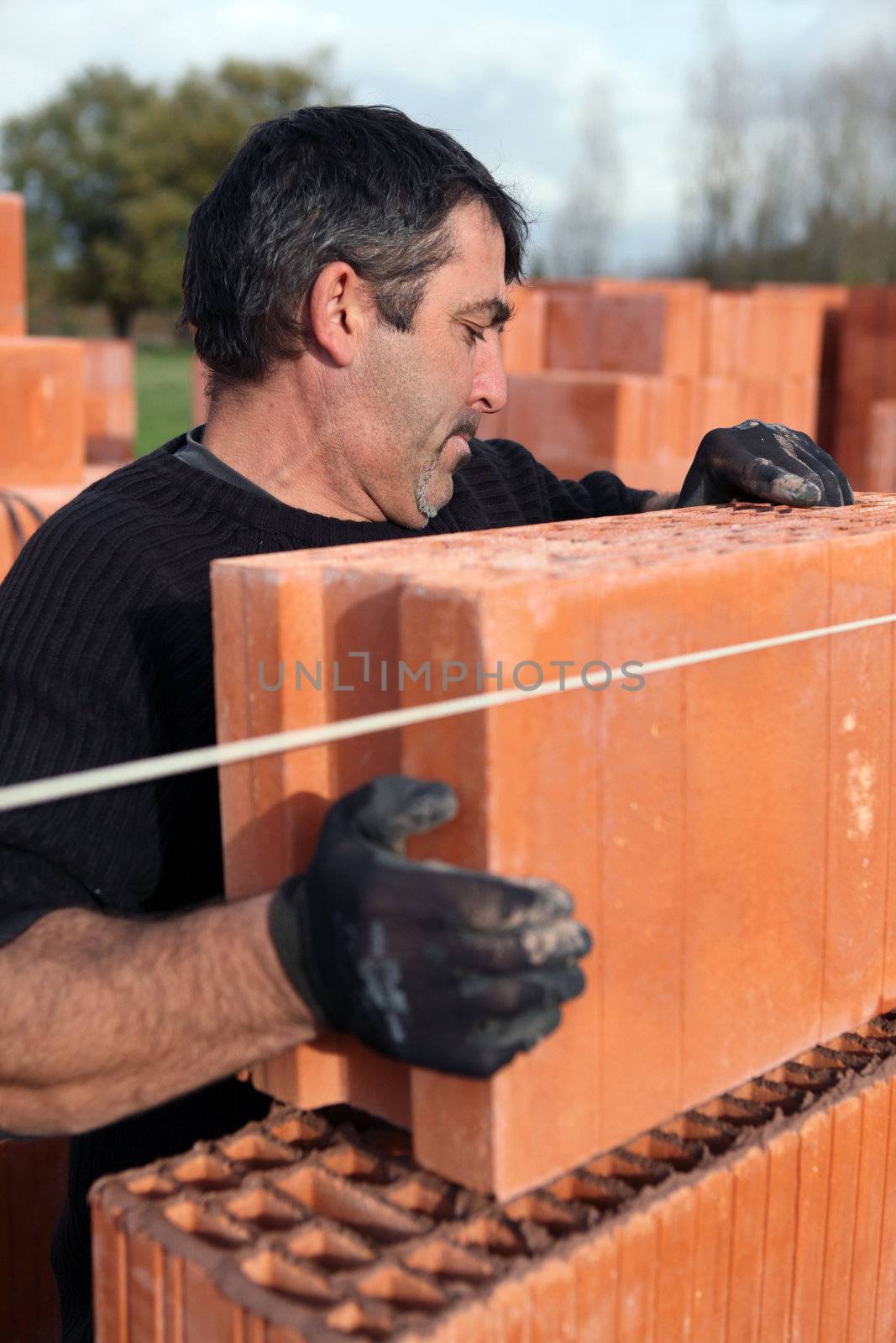 Builder laying bricks by phovoir