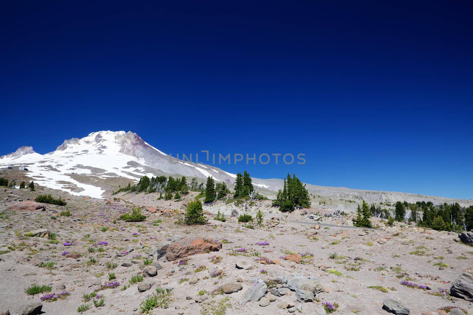 Stark and stoney view of snow covered Mount Hood