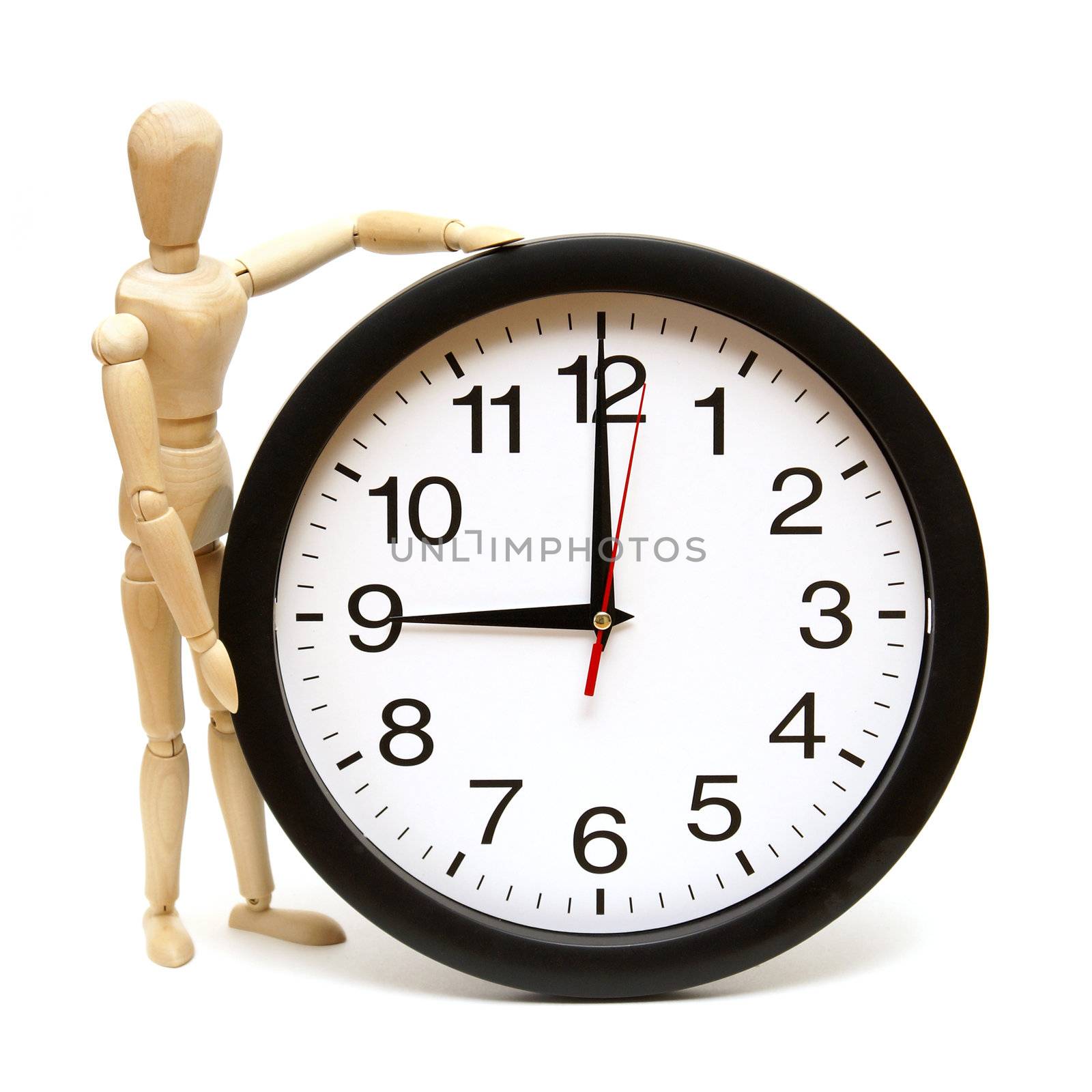 A mannequin and clock are isolated on white to represent time management.