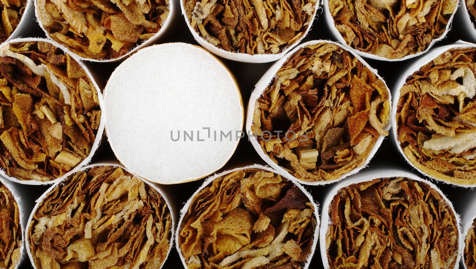 Cigarette with filter in between ones without filter as background