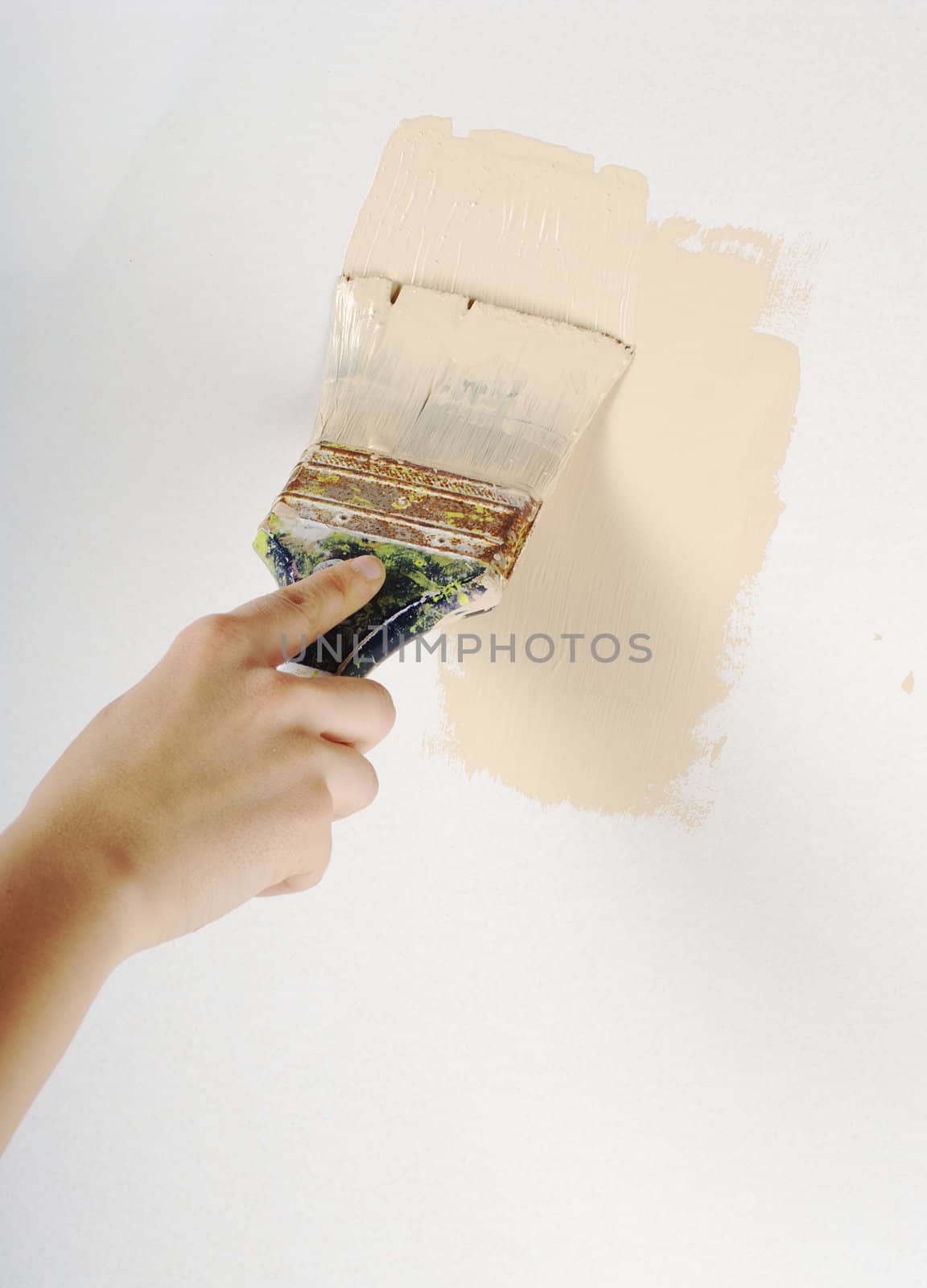 Hand painting with paint-brush on white wall