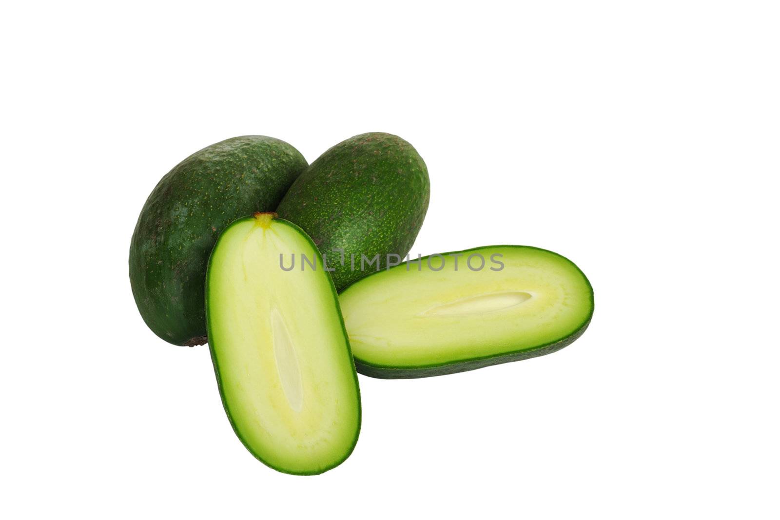 Finger avocado complete and cut in half isolated on white background (Selective Focus)  