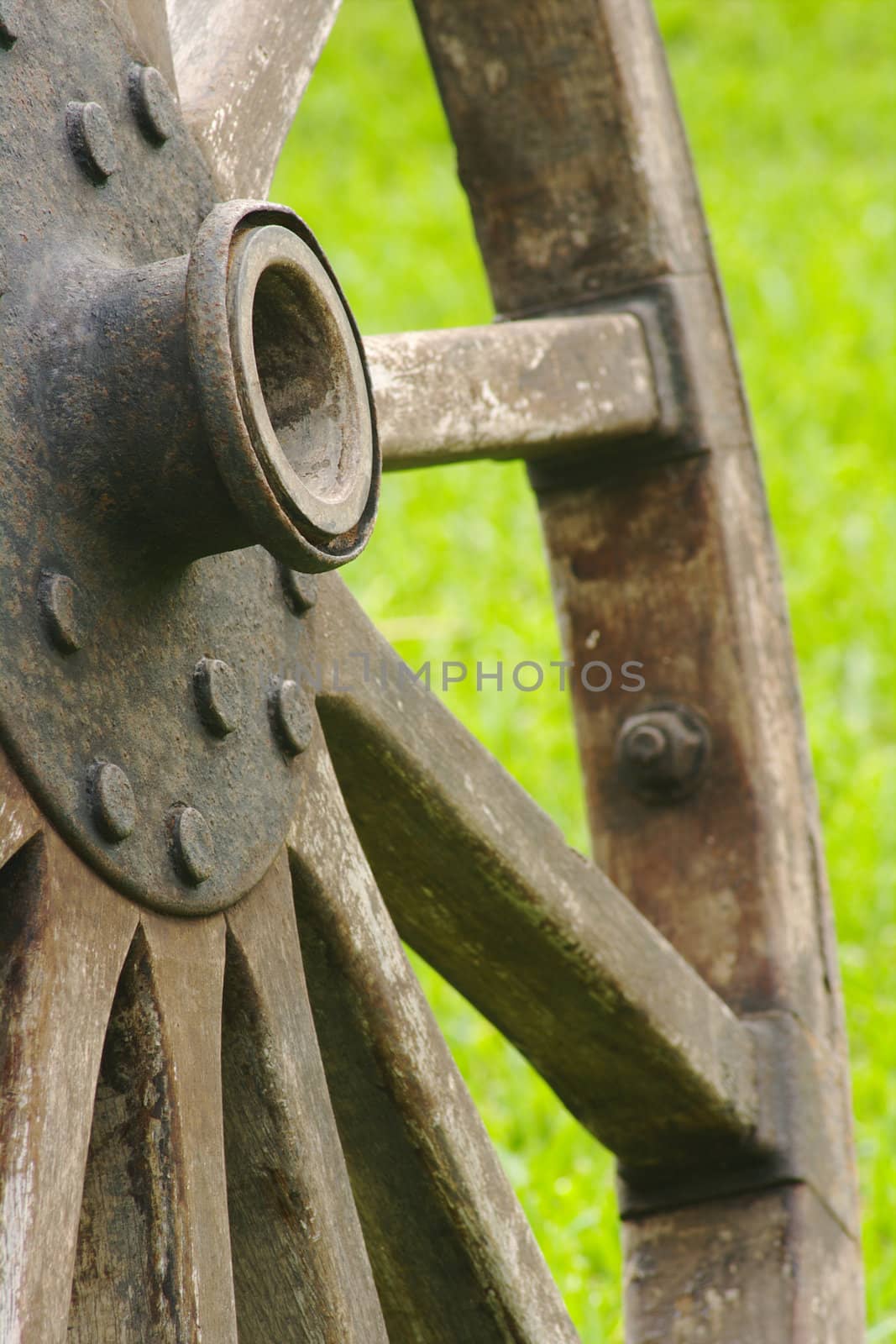 Old wooden wheel standing with grass background (Selective Focus)